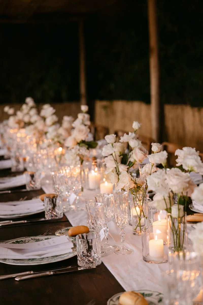 White roses candlelight wedding table at Il Podere di Toscana Tuscany